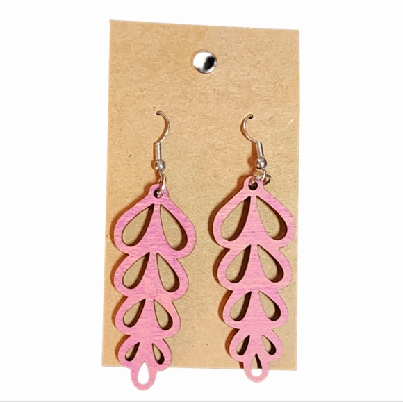 Hand Crafted Jewelry - Boho Willow Pink Baltic Birch Wood Drop Earrings